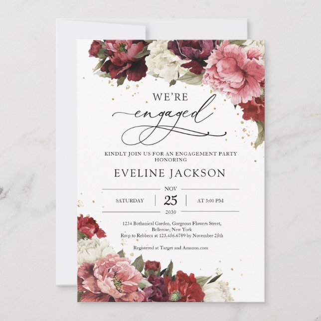 Invitation Boho Blush bordeaux mauve fleurs pivoines or Inv (Devant)