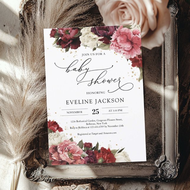 Invitation Boho Blush bourgogne mauve fleurs pivoines bébé (Boho Blush burgundy mauve flowers peonies baby Invitation)