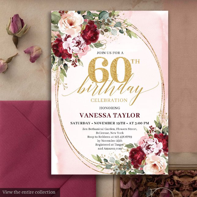 Invitation Boho Blush Bourgogne Roses 60e Anniversaire (Boho Blush Burgundy Gold Roses 60th Birthday)