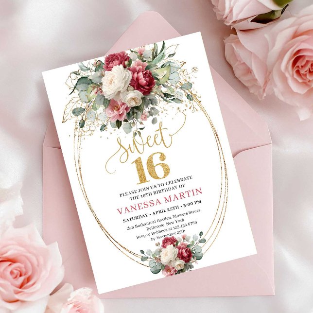 Invitation Boho Blush Bourgogne Roses Dorées pour  (Boho Blush Burgundy Gold Roses Sweet 16 Invite)