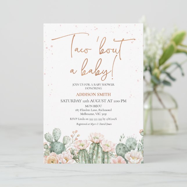 Invitation Boho Blush Cactus Taco à propos d'un bébé (Debout devant)