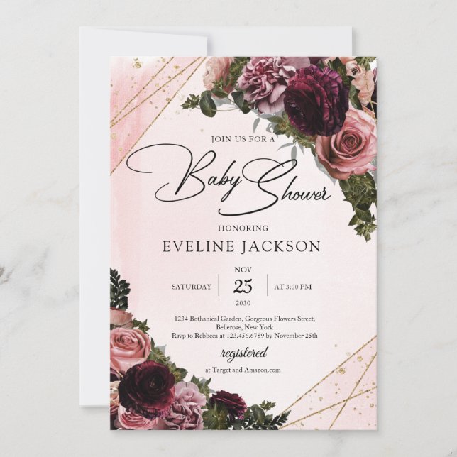 Invitation Boho Blush et maroon bordeaux cadre or floral (Devant)
