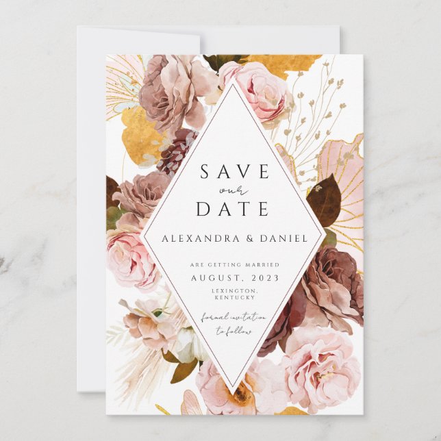 Invitation Boho Blush et pampas Rose enregistrer la date (Devant)