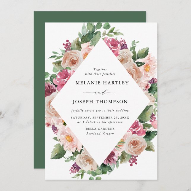 Invitation Boho Blush et rose Mariage floral de printemps (Devant / Derrière)
