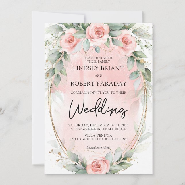 Invitation Boho blush et verdure et faux or oval (Devant)