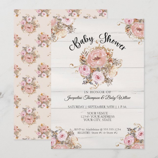 Invitation BOHO Blush Fall Floral Aquarelle Bois rustique Béb (Devant / Derrière)