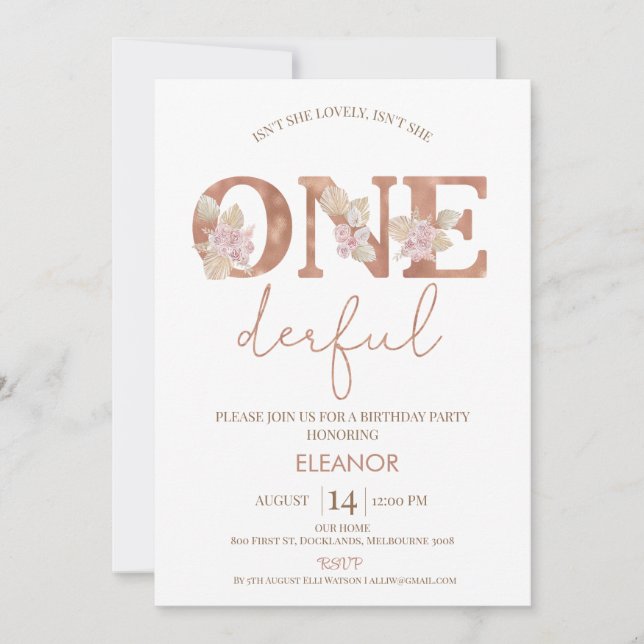 Invitation Boho Blush Floral Girls Onederful 1er anniversaire (Devant)