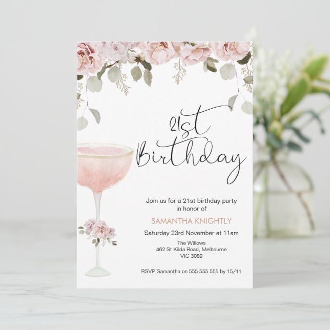 Invitation Boho Blush Floral Glass 21ème anniversaire Invitat (Debout devant)