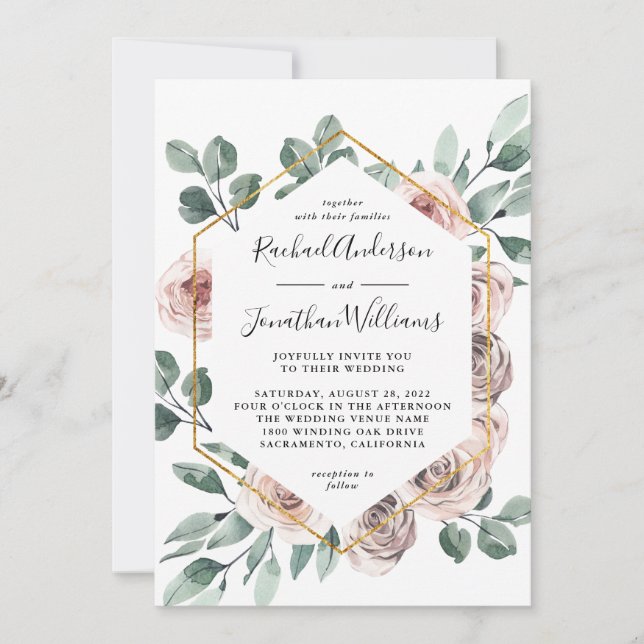 Invitation Boho Blush Floral Rose avec cadre géométrique (Devant)