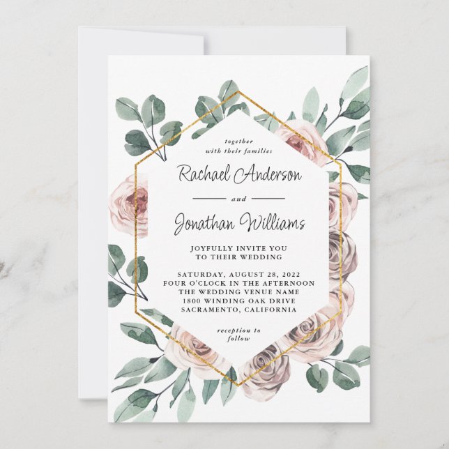 Invitation Boho Blush Floral Rose avec cadre géométrique (Devant)