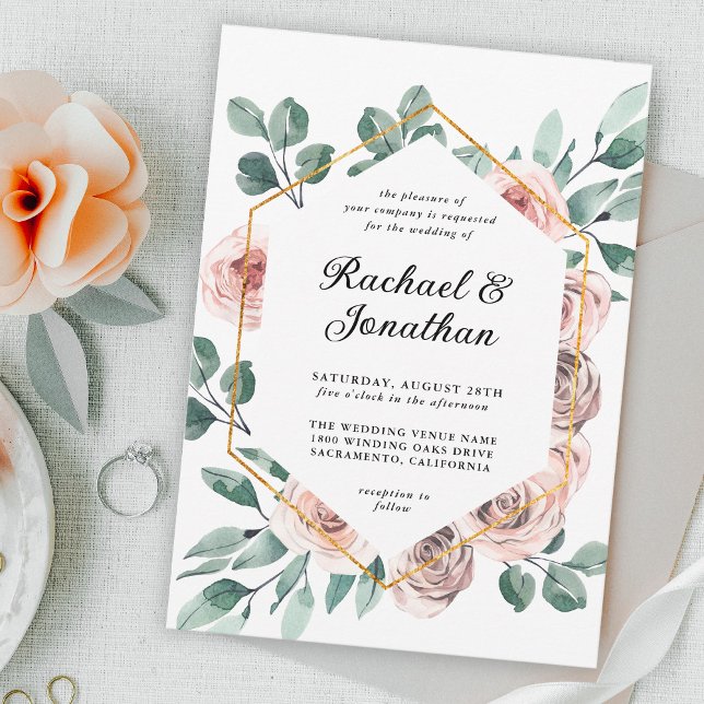 Invitation Boho Blush Floral Rose avec cadre géométrique (Créateur téléchargé)