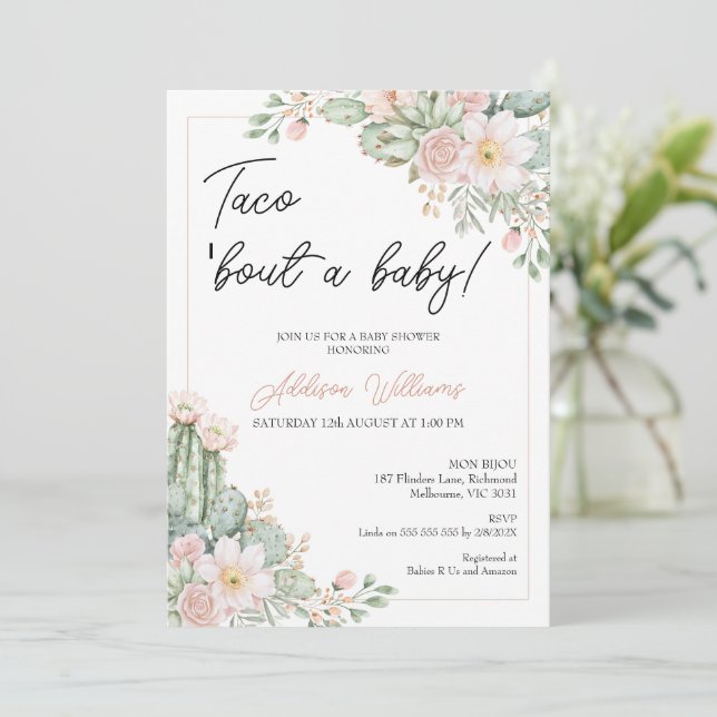 Invitation Boho Blush Floral Taco à propos de Baby shower béb (Debout devant)