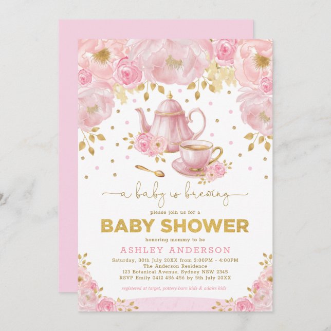 Invitation Boho Blush Gold Baby shower Tea Party (Devant / Derrière)