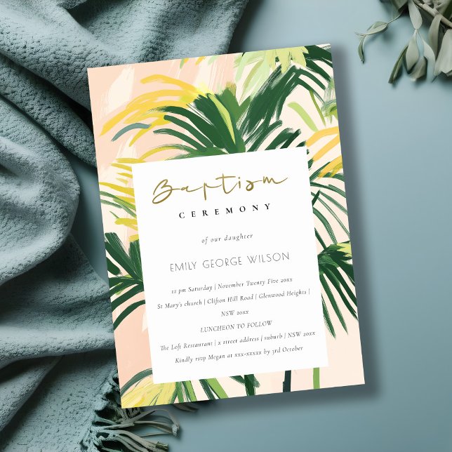 Invitation Boho Blush Green Tropical Palm Beach Baptême (Créateur téléchargé)