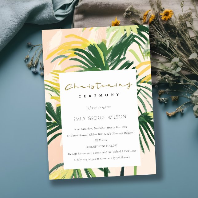 Invitation Boho Blush Green Tropical Palm Beach Christening (Créateur téléchargé)