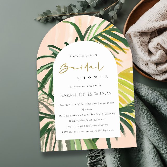 Invitation Boho Blush Green Tropical Palm Beach Fête des mari (Créateur téléchargé)