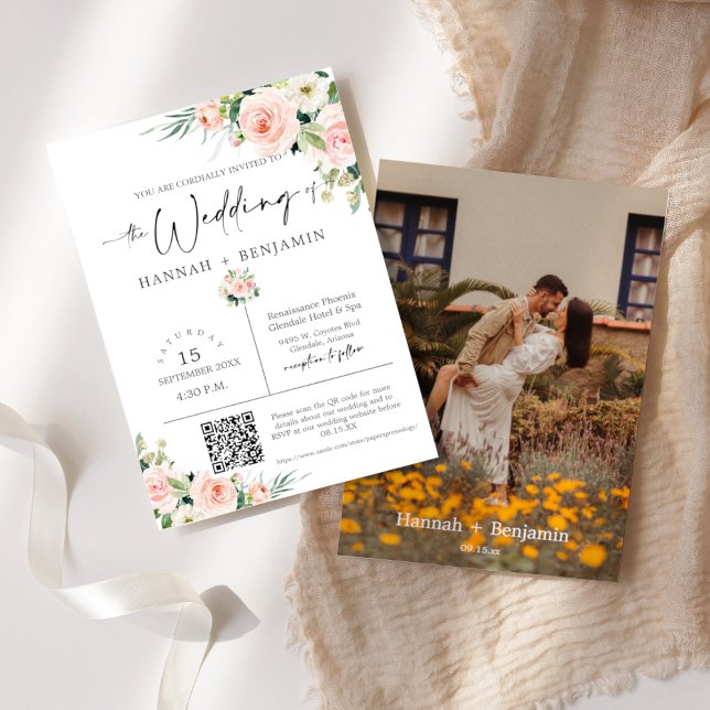 Invitation Boho Blush Mariage Moderne Minimal QR Code Photo (Créateur téléchargé)
