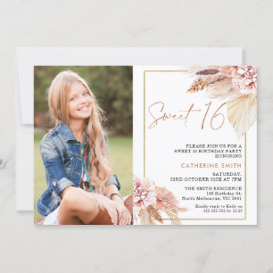 Invitation Boho Blush moderne Floral Photo Sweet 16 Anniversa
