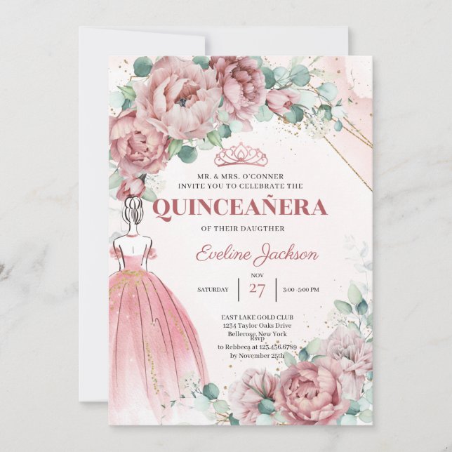 Invitation Boho blush or floral princesse robe Quinceanera (Devant)