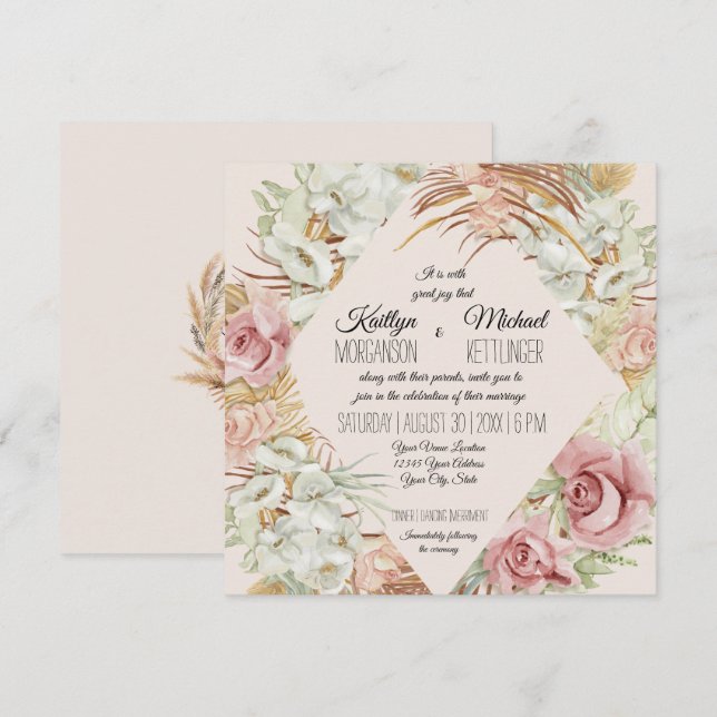 Invitation BOHO Blush Orchid Floral Pampas Palmier en laiton  (Devant / Derrière)