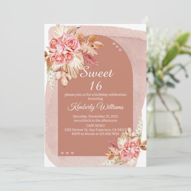 Invitation Boho Blush Pampas Grass Sweet 16 Anniversaire (Debout devant)