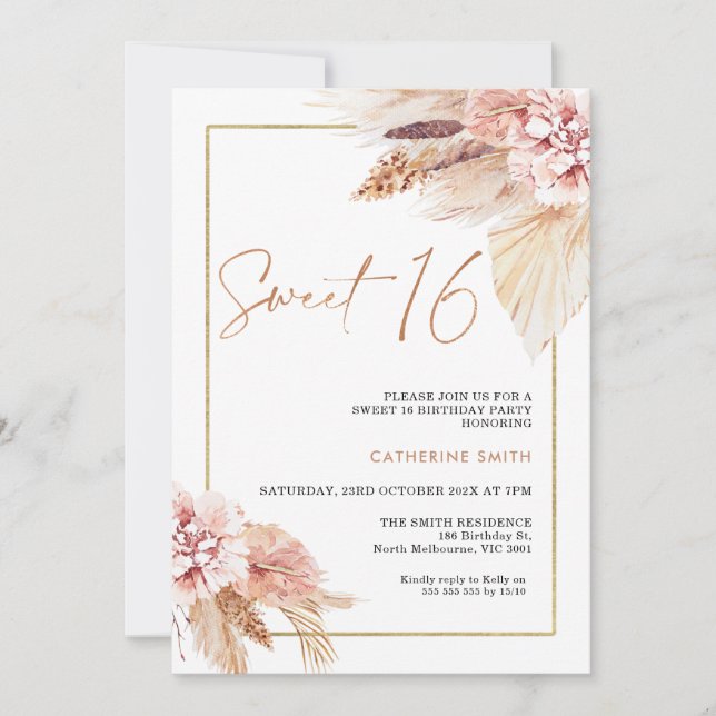 Invitation Boho Blush Pampas Grass Sweet 16 Anniversaire (Devant)