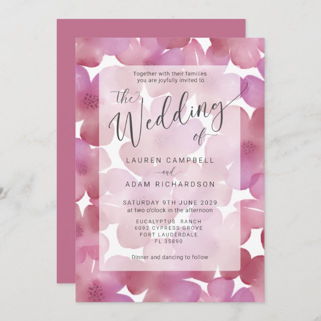 Invitation Boho Blush Pink Aquarelle Mariage floral (Devant / Derrière)