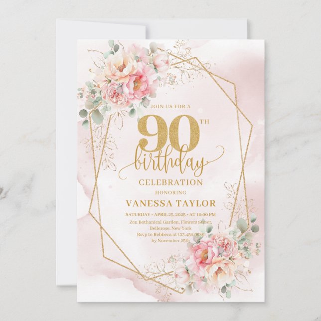 Invitation Boho Blush Pink Gold Floral 90th Birthday Invites (Devant)