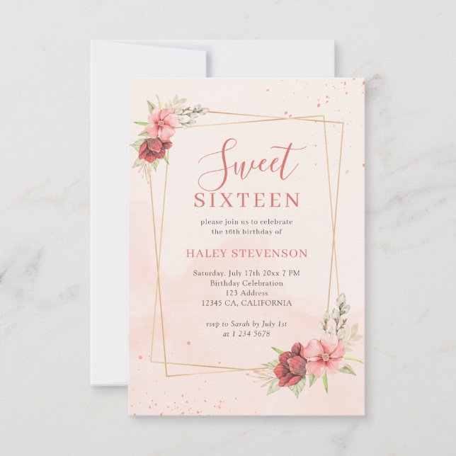 Invitation Boho Blush Pink Terracotta Floral Chic Sweet 16 (Devant)