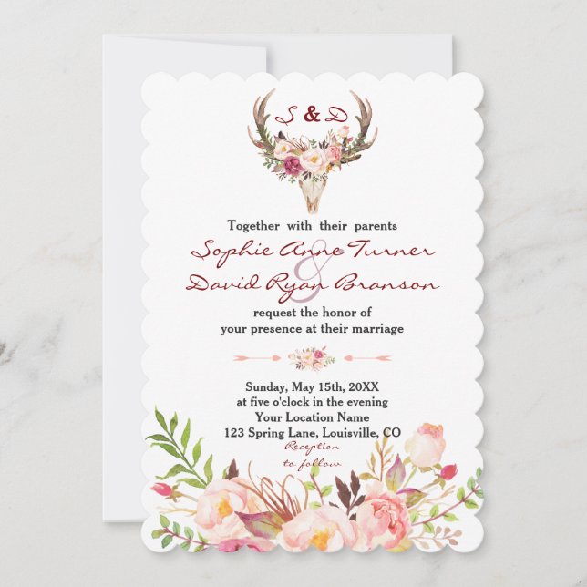 Invitation Boho Blush Red Floral Antler Mariage crâne (Devant)
