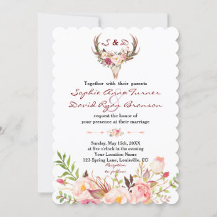Invitation Boho Blush Red Floral Antler Mariage crâne