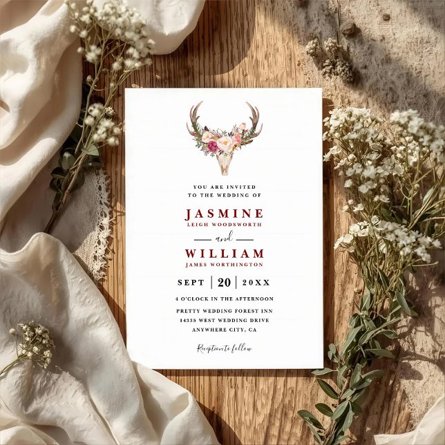 Invitation Boho Blush Red Floral Antler Skull QR Code Wedding (Créateur téléchargé)