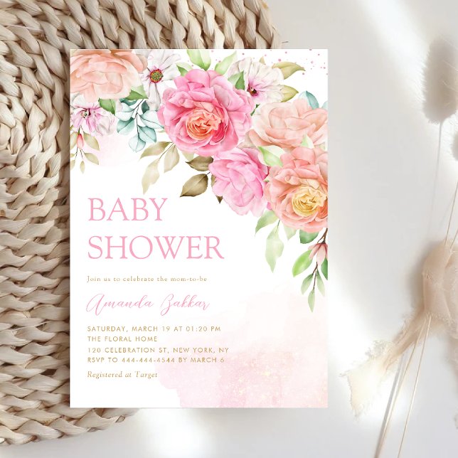 Invitation Boho Blush rose Aquarelle Floral Girl Baby shower (Créateur téléchargé)