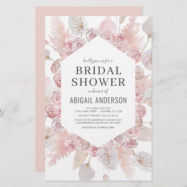 Invitation Boho Blush Rose Bridal Shower Budget (Devant / Derrière)