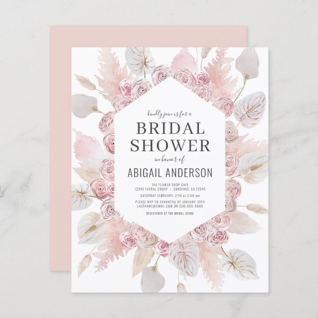 Invitation Boho Blush Rose Bridal Shower Budget (Devant / Derrière)