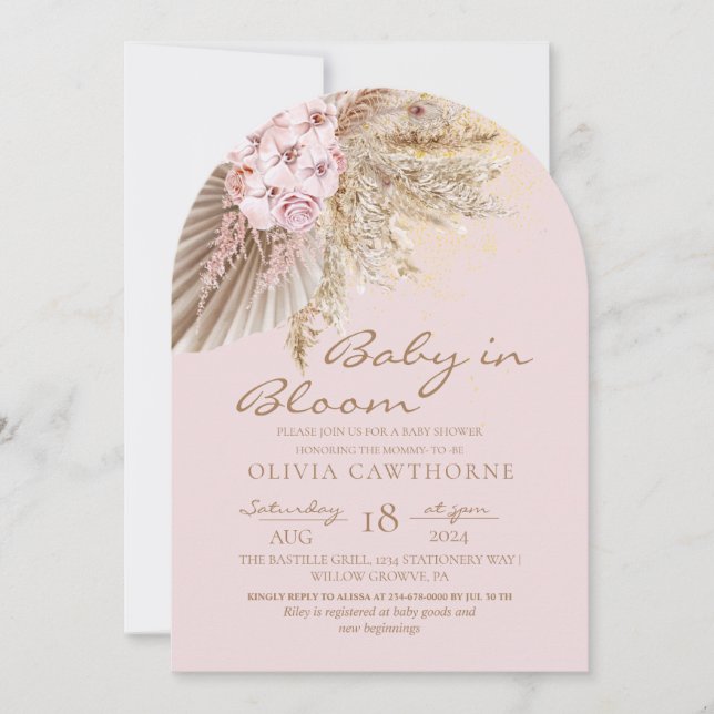 Invitation Boho Blush rose Élégant Baby shower Floral (Devant)