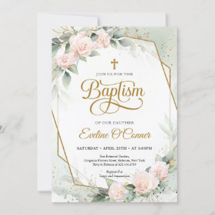Invitation Boho blush rose eucalyptus cadre or Baptême