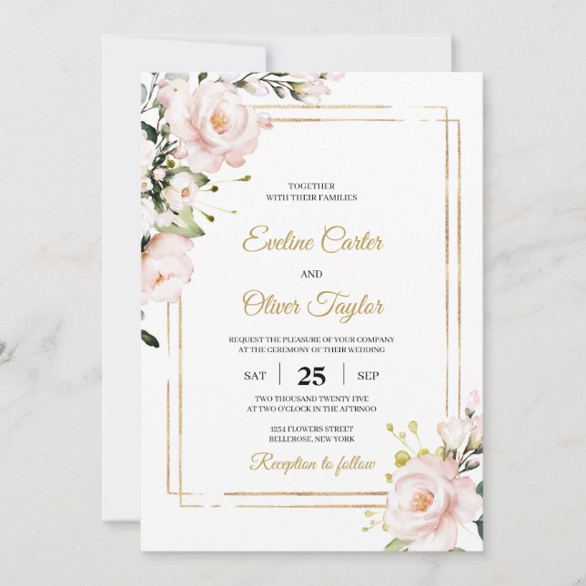 Invitation Boho Blush rose floral et or parties scintillant é (Devant)