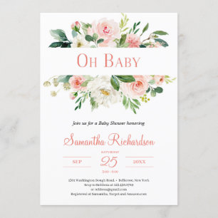 Invitation Boho Blush rose Floral et verdure Moderne bébé