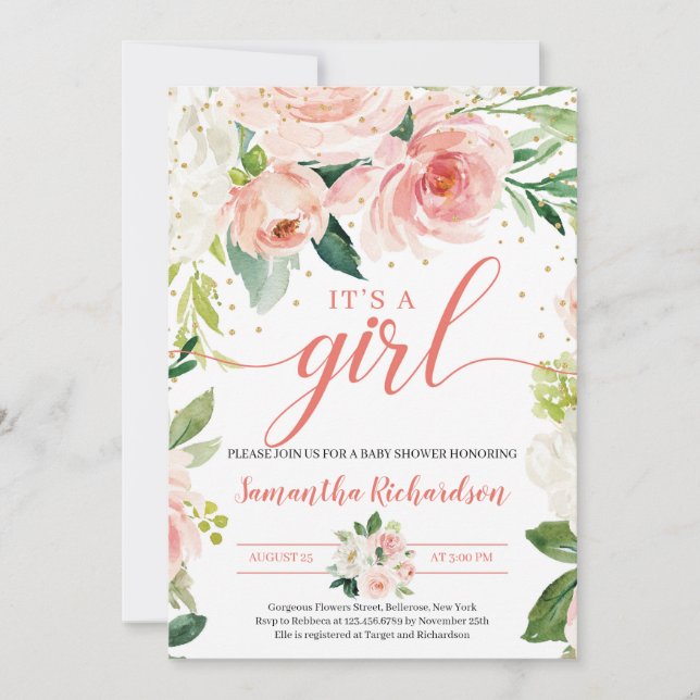 Invitation Boho Blush Rose Floral Greenery C'est une fille bé (Devant)