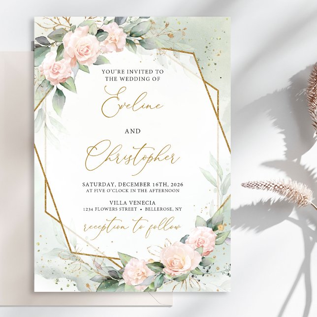 Invitation Boho Blush rose Floral Greenery Gold Frame Mariage (Watercolor delicate blush roses eucalyptus and gold frame wedding invitation digital)