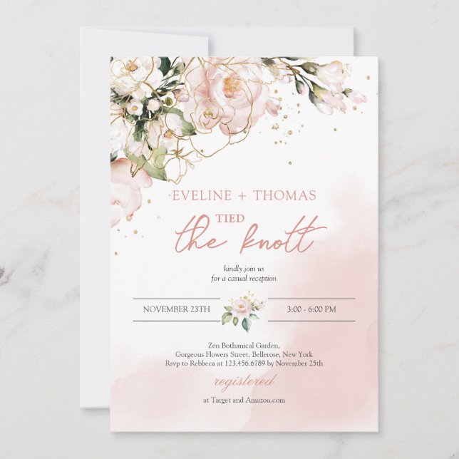 Invitation Boho blush rose floral or noué le noeud engager (Devant)