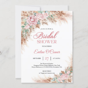 Invitation Boho Blush rose floral pampas herbe verdure