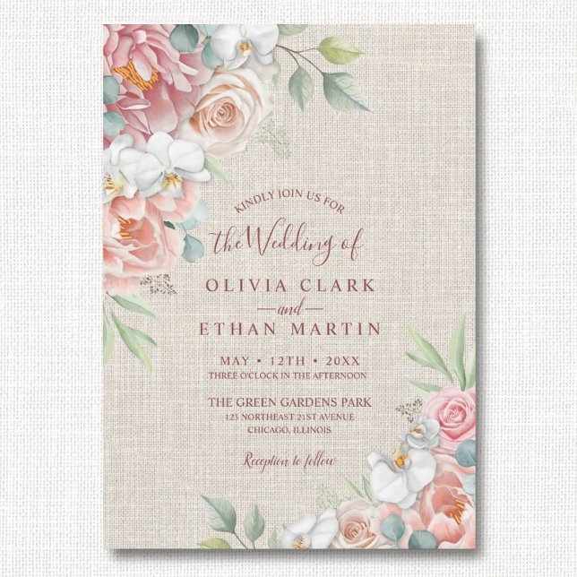 Invitation Boho Blush Rose Floral Sur Rustic Burlap Mariage (Créateur téléchargé)