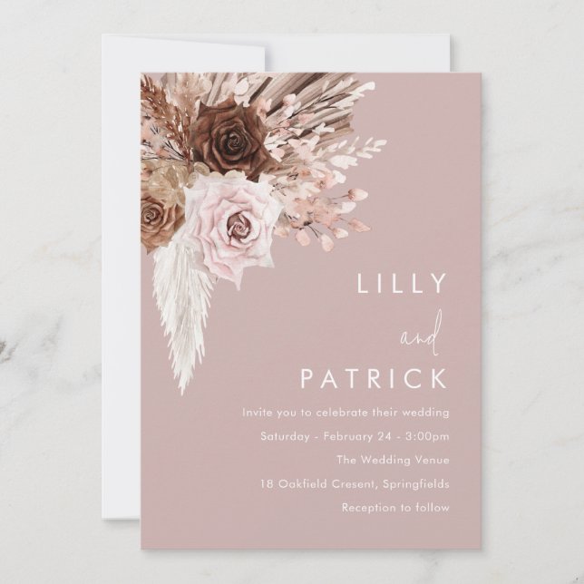 Invitation Boho Blush rose Mariage floral (Devant)