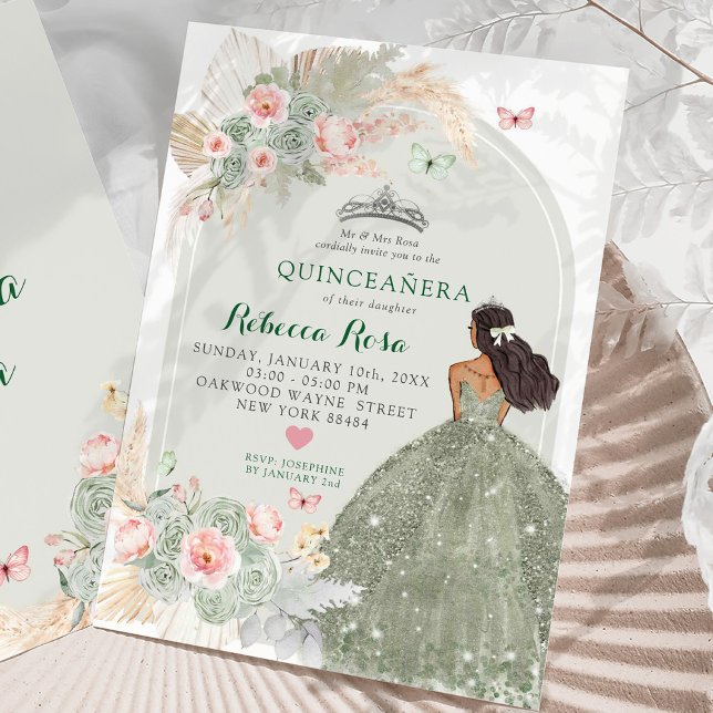 Invitation Boho Blush Rose Sage Vert Princesa Quinceañera (Créateur téléchargé)