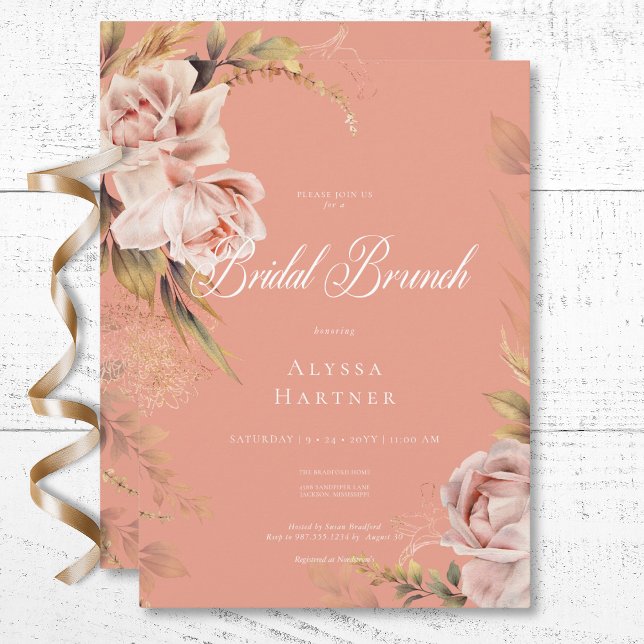 Invitation Boho Blush Roses et graminées Brunch nuptial (Boho Blush Roses & Grasses Bridal Brunch Invitation)