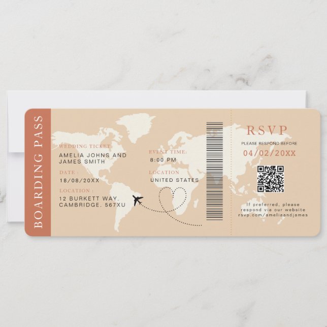 Invitation Boho Boarding Pass Destination mariage Code QR (Devant)