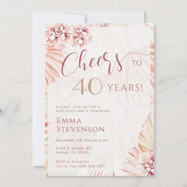 Invitation Boho Bohemian Cheers 40 ans Dames 40e anniversaire (Devant)