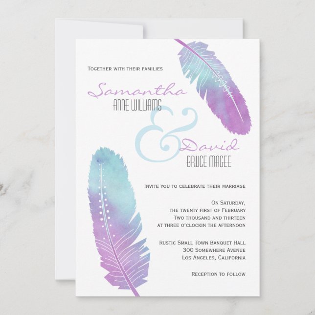 Invitation Boho Bohemian Feather Mariage Purple and Blue (Devant)